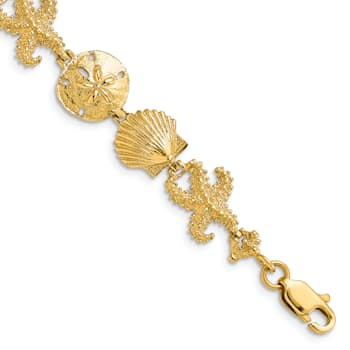 14k Yellow Gold Textured Seashell Theme Link Bracelet