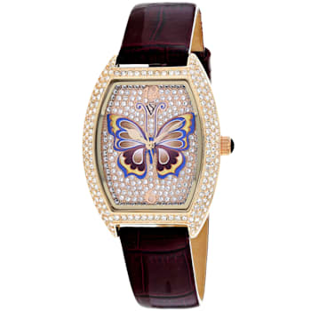 Christian Van Sant Women's Papillon Rose Dial, Brown Leather Strap Watch