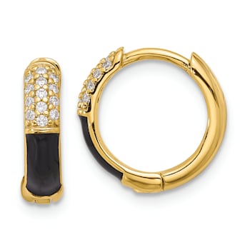 Sterling Silver Gold-tone Black Enamel CZ Hoop Earrings