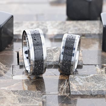 KILAUEA Men’s Polished Tungsten Wedding Band with Lava Rock Stone Inlay
w/Polished Beveled Edges 8mm