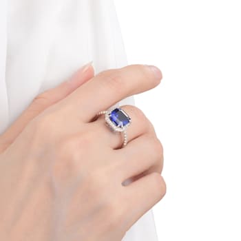 Blue Asscher Cut Lab Created Sapphire with Round White Topaz Rhodium
Over Sterling Silver Halo Ring