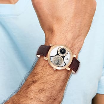 Charles Hubert Men's Rose IP-plated Leather Band 46mm Dual Time Watch