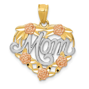 14k Tri-color Gold Textured Mom in Heart Pendant
