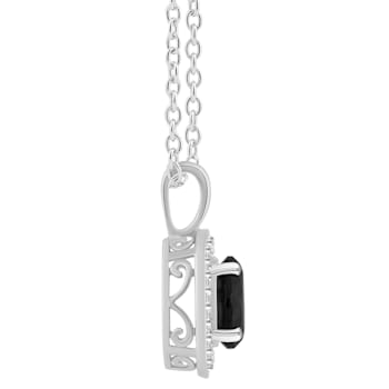 7mm Round Black Onyx 1/8 ctw Diamond Rhodium Over Sterling Silver Halo
Pendant with Chain