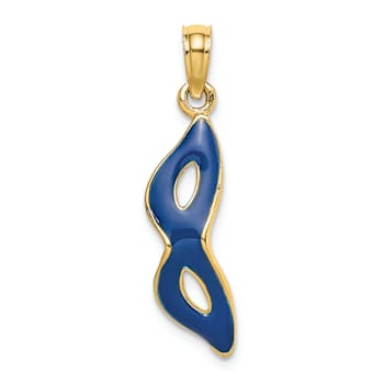 14k Yellow Gold 3D and Blue Enamel Beveled Masquerade Mask Pendant