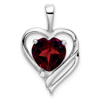 Rhodium Over 14k White Gold Garnet and Diamond Heart Pendant