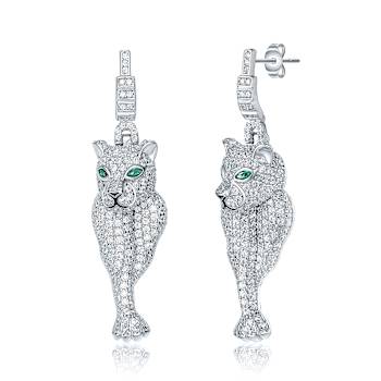 Emerald Color CZ Panther Drop Earrings In Sterling Silver