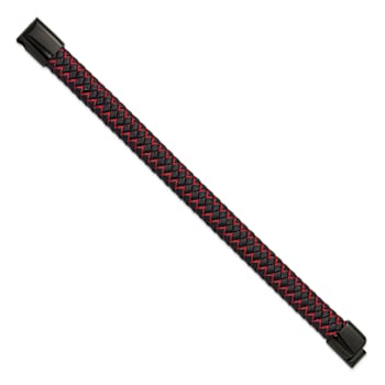 Stainless Steel Polished Black Ion Plated Black Leather and Red Fabric
8.25-inch Bracelet