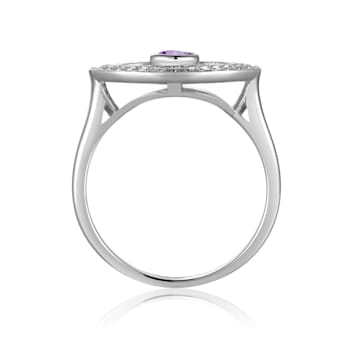 Amethyst with Moissanite Accents Rhodium Over Sterling Silver Evil Eye
Halo Ring