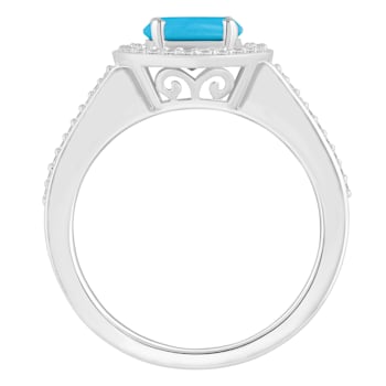7mm Round Turquoise 1/5 ctw Diamond Rhodium Over Sterling Silver Halo Ring