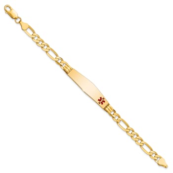14k Yellow Gold Medical Soft Diamond Shape Red Enamel Figaro Link ID Bracelet