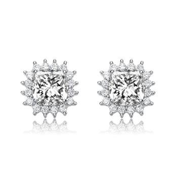 Square CZ Halo Stud Earrings In White Rhodium Over Brass