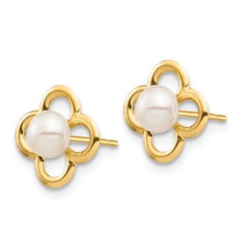 14K Yellow Gold 4-5mm White Button Freshwater Cultured Pearl Post Earrings