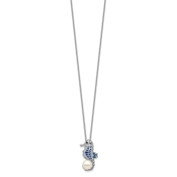 Rhodium Over Sterling Silver Cubic Zirconia Freshwater Pearl Enamel
Seahorse Necklace