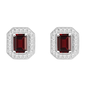 6x4mm Emerald Cut Garnet 1/5 ctw Diamond Rhodium Over Sterling Silver
Halo Stud Earrings