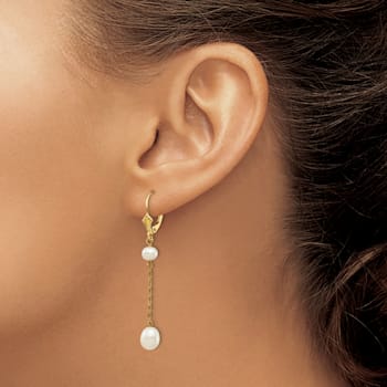 14K Yellow Gold 5-7mm White Rice Freshwater Cultured Pearl Leverback Earrings