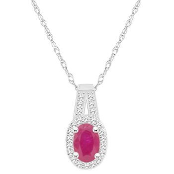 6x4mm Oval Ruby 1/8 ctw Diamond Rhodium Over Sterling Silver Halo
Pendant with Chain