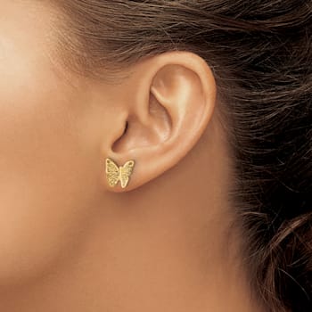 14K Yellow Gold Textured and Polished Butterfly Post Earrings