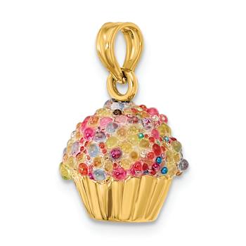 14k Yellow Gold 3D Colored Bead with Icing Cupcake Pendant
