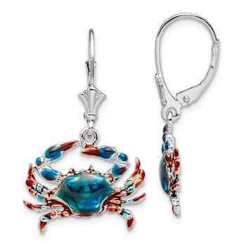 Rhodium Over Sterling Silver Enameled Blue Crab Leverback Earrings