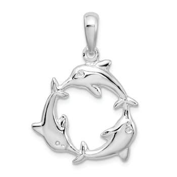 Rhodium Over Sterling Silver Polished 3 Dolphin Circle Pendant