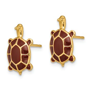 14k Yellow Gold Brown Enamel Sea Turtle Stud Earrings