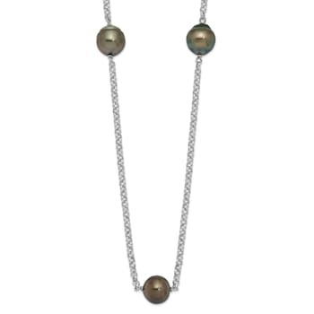 Rhodium Over Sterling Silver 8-9mm Baroque 5 Station Tahitian Saltwater
Cultured Pearl Necklace