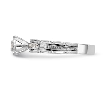 Rhodium Over 14K White Gold AA Quality Trio Engagement Ring 0.13ctw
