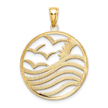14K Two-tone Gold  Textured Sunset and Seagulls In Circle Pendant