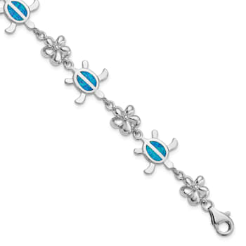 Rhodium Over Sterling Silver 7 Inch Lab Created Opal Tortoise with
Flower Bracelet