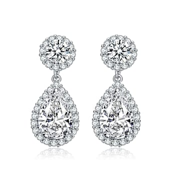 Pear Shape CZ Halo Drop Earrings In Sterling Silver