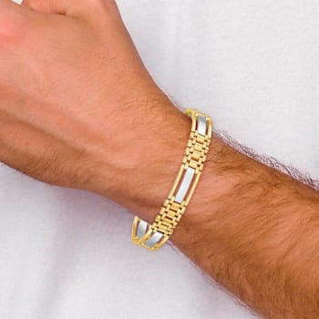 14K Yellow and White Gold Men's Polished and Satin 8.75-inch Men's Link Bracelet