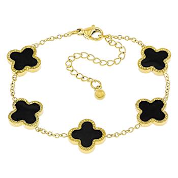 Black Enamel Clover Station Bracelet In Gold Tone StaInless Steel