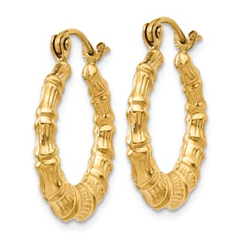 14k Yellow Gold 3/4" Polished Bamboo Design Hoop Earrings