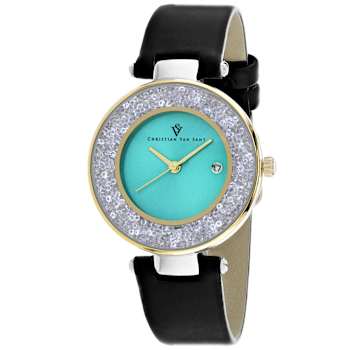 Christian Van Sant Women's Dazzle Teal Dial, Black Leather Strap Watch