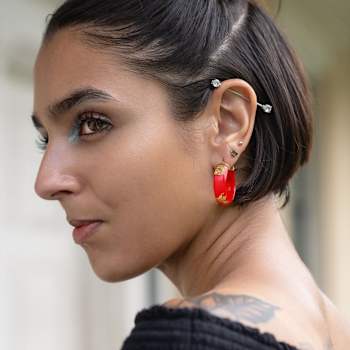 14K Yellow Gold Over Sterling Silver Mini Gold Leaf Acrylic Hoops in
Carnelian Red