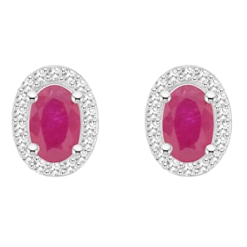 6x4mm Oval Ruby 1/6 ctw Diamond Rhodium Over Sterling Silver Halo Stud Earrings