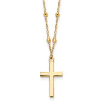 14K Yellow Gold Polished and Diamond-cut Cross with 2-inch Extension Necklace