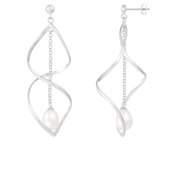8-9mm White Cultured Freshwater Pearl Rhodium Over Sterling Silver Earrings