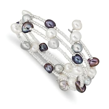 Sterling Silver 7-8mm Blk/Gry/Wht Baroque FWC Pearl and Glass Beaded
3-row Coil Slip-on Bangle