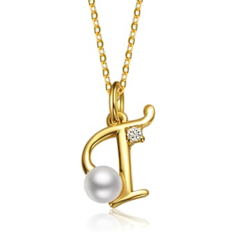 Initial T CZ And Pearl Simulant Pendant Necklace In 14K Gold Over Brass