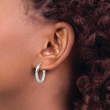 Rhodium Over Sterling Silver Polished and Textured Twisted Oval Hoop Earrings