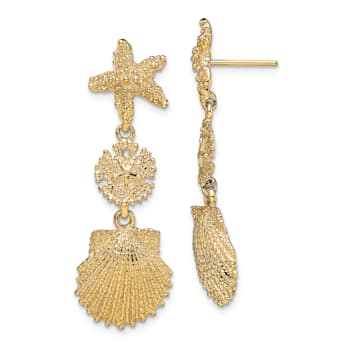 14K Yellow Gold Textured Starfish, Sand Dollar and Scallop Shell Dangle Earrings