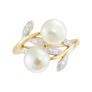 7-7.5mm Round White Freshwater Pearl with White Topaz Accents 10K Rose
Gold Leaf Design Ring