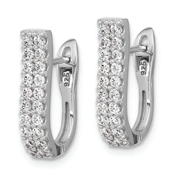 Rhodium Over Sterling Silver Polished 2-Row Cubic Zirconia Hinged Hoop Earrings