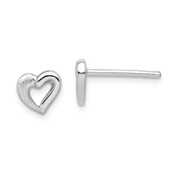 Rhodium Over Sterling Silver Polished and Brushed Open Heart Post Earrings