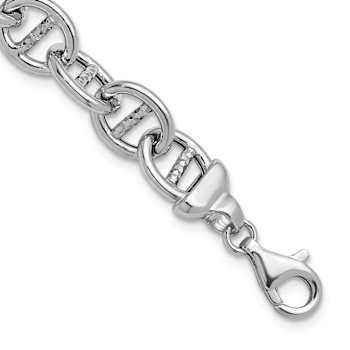Rhodium Over Sterling Silver Polished and Textured Mariner Link Bracelet