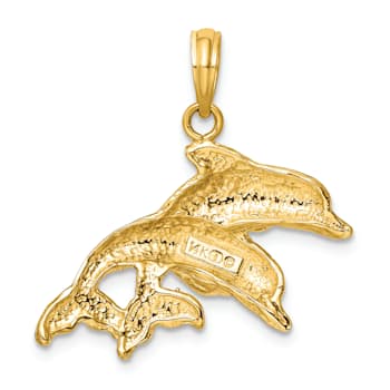 14k Yellow Gold Polished and Textured Double Dolphins Pendant