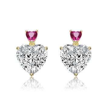 Ruby Color CZ Two-Stone Heart Drop Earrings In 14K Gold Over Sterling Silver