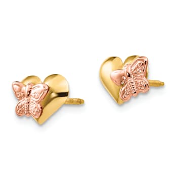 Rhodium Over 14k Yellow Gold Polished Butterfly Heart Screwback Earrings